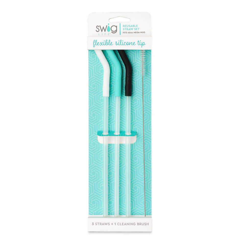 Juego de pajitas reutilizables en blanco, aguamarina y negro (tazas grandes)