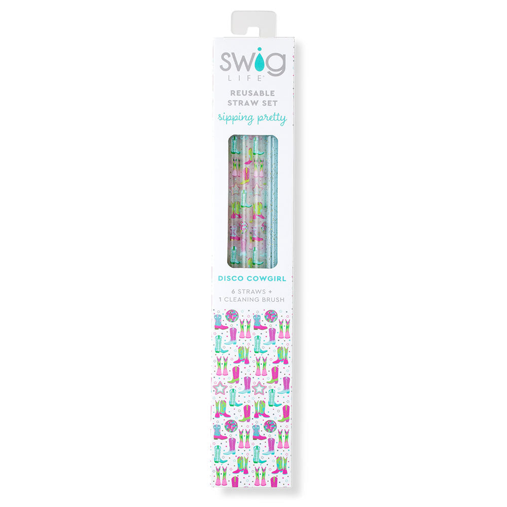 Juego de pajitas reutilizables Disco Cowgirl + Aqua Glitter